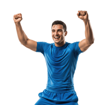 A male athlete in a blue sports uniform celebrates a victory with arms raised and a wide, happy smile, expressing excitement and triumph. png