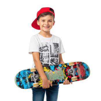 A cheerful young boy wearing a red baseball cap and white t shirt smiles while holding a vibrant skateboard. He looks happy and ready for fun. png