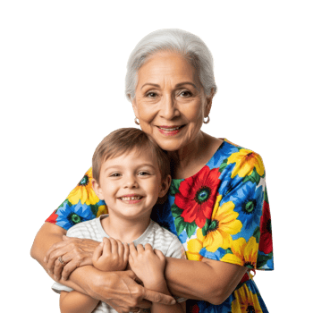 A happy grandmother embraces her smiling grandson, showcasing a loving family bond and intergenerational connection. png