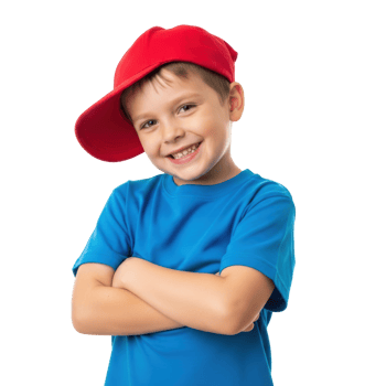 A cheerful young boy wearing a red baseball cap and blue t shirt smiles brightly with his arms crossed, exuding happiness and confidence. png