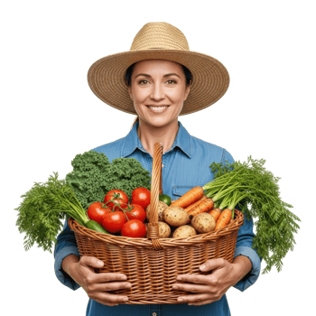 A happy female farmer wearing a straw hat holds a large wicker basket overflowing with freshly harvested organic vegetables. This image represents healthy eating and sustainable agriculture. png