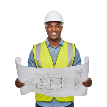 A smiling black male engineer or architect in a hard hat and safety vest holds architectural blueprints, ready for a construction project. png