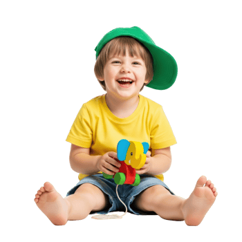 A cheerful young boy with a big smile and a green cap sits playing with a colorful pull along toy elephant, radiating pure joy. png