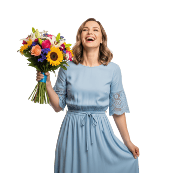 A joyful woman in a light blue dress laughs while holding a vibrant, colorful bouquet of flowers, including sunflowers, roses, and lilies. Ideal for themes of happiness, celebration, and gifts. png