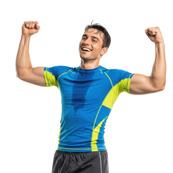 A happy, sweaty male athlete in sportswear flexes his biceps, celebrating a successful workout. Ideal for fitness, achievement, or sports themes. png