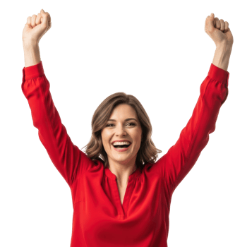 A cheerful woman with a wide smile raises both arms in a gesture of success and victory, celebrating achievement or good news. png