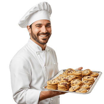 A happy male chef proudly presents a tray full of freshly baked chocolate chip cookies. Perfect for food, baking, or culinary themes. png