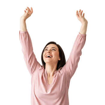 A cheerful woman with dark hair smiles broadly and raises her arms in triumph or celebration, looking up with joy. This image conveys happiness and achievement. png