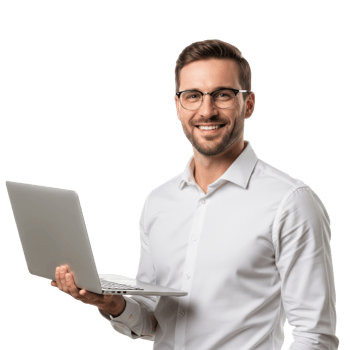 Smiling young man in a white shirt and glasses holds a laptop, conveying professionalism and digital expertise. Perfect for business and tech visuals. png