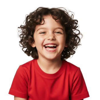 A cheerful young child with curly brown hair smiles broadly and laughs, expressing pure joy and happiness. Perfect for themes of childhood, innocence, and delight. png