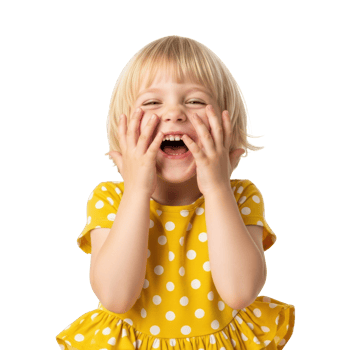 A cheerful blonde girl with a bob haircut laughs heartily, covering her mouth with her hands, expressing pure joy and excitement. png