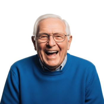 A cheerful senior man with white hair and glasses laughs heartily. His genuine joy is evident in his wide smile and bright eyes. png