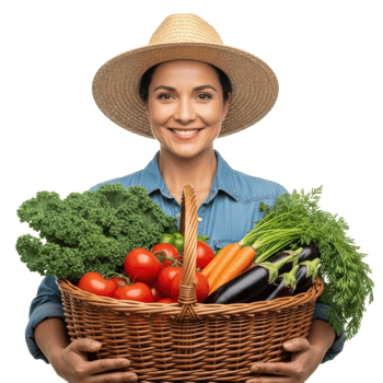 A smiling woman in a straw hat holds a basket overflowing with fresh, vibrant vegetables, including kale, tomatoes, carrots, and eggplants, symbolizing healthy eating and farm produce. png