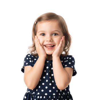 A delighted young girl with her hands on her cheeks, smiling broadly and looking surprised or excited. Ideal for concepts of happiness, wonder, and childhood joy. png