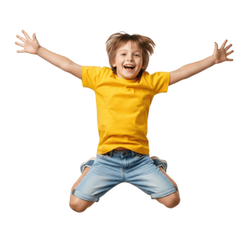 A cheerful young boy in a yellow shirt and denim shorts jumps high with arms wide open and a big smile, expressing pure joy and excitement. png