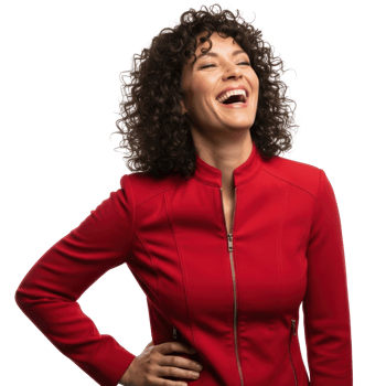 A cheerful woman with curly hair in a red jacket laughs joyfully, expressing happiness. This image is ideal for conveying positive emotions and energy. png