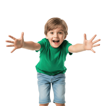 A happy young boy with blond hair and a green t shirt smiles widely with outstretched arms, ready for a hug. Ideal for themes of childhood, joy, and welcome. png