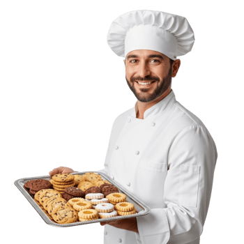 A smiling male chef in a white uniform and hat holds a silver tray filled with a variety of freshly baked cookies and biscuits, perfect for food concepts. png