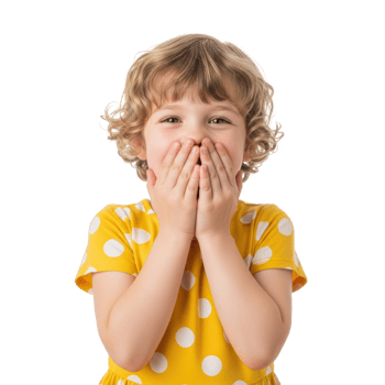 A cute little girl with blonde curly hair smiles playfully while covering her mouth with her hands. She wears a yellow polka dot dress, expressing joy or surprise. png