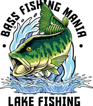 Bass fishing illustration with waves vector