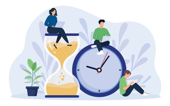 Time management and business planning concept. Tiny people work near huge hourglass and alarm clock. Team working together with laptops. Time is money. vector