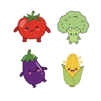 Cartoon vegetables: tomato, broccoli, eggplant, corn vector