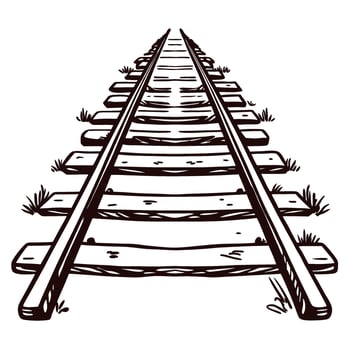 Hand drawn vintage railway track illustration with wooden sleepers and grass in black and white engraving vector