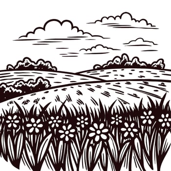Hand drawn rural countryside landscape with wildflowers and rolling hills under clouded sky line art vector