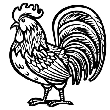 Detailed hand drawn rooster illustration with bold lines and stylized feathers for vintage decorative design vector