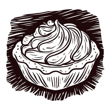 Hand drawn vintage cupcake with swirled frosting in engraving on white background vector