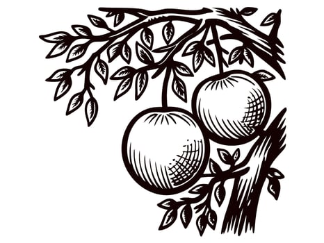 Hand drawn branch with two apples and detailed leaves in vintage engraved illustration vector