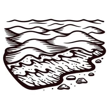 Hand drawn illustration of ocean waves and sandy shoreline with surf and rocks, vintage engraving vector