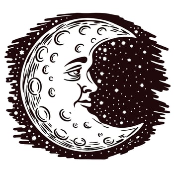 Hand drawn crescent moon with face and starry night sky in engraved vintage vector