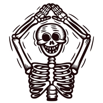 Smiling skeleton clapping hands above head in playful black and white illustration vector