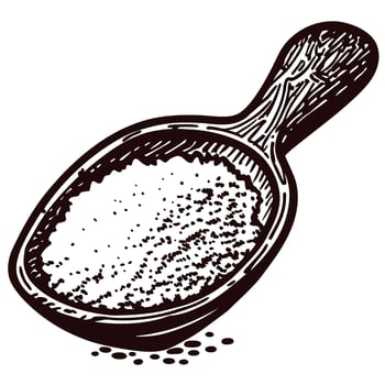 Hand drawn wooden spoon filled with coarse salt isolated on white vintage engraved kitchen utensil illustration vector