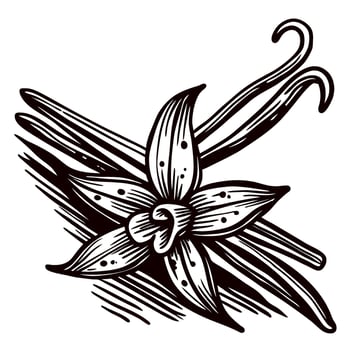 Hand drawn vanilla flower and pods illustration in vintage engraved isolated on white background vector