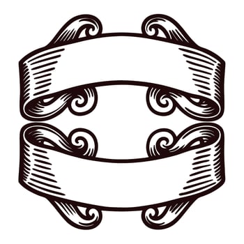 Vintage hand drawn ribbon banner with ornate scrolls and blank space for text, engraved retro illustration vector