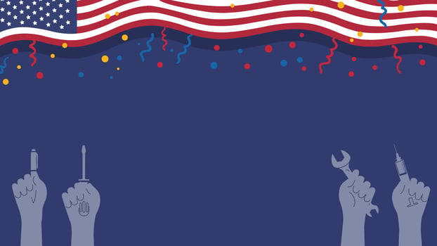 Hands holding tools under American flag vector