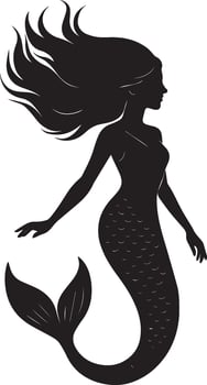 Art of silhouette of a beautiful mermaid with long hair isolated on white background, a mythical sea creature from legends and fairy tales isolated on white background vector