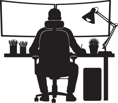 Art of silhouette of a man working at a desk with two monitors and a lamp isolated on white background isolated on white background vector