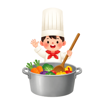 Cartoon chef stirring vegetables in a large pot png