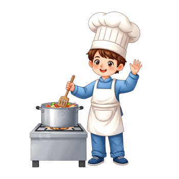 Cartoon chef cooking food in a pot on the stove png