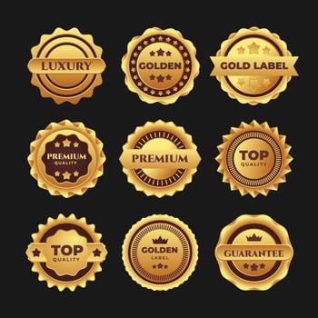 Set of Gold Seal Labels Collection, Golden luxury labels, gold premium quality certificate emblems badges, Luxury VIP and premium quality sticker tags and banners best product seals with golden crowns vector