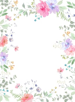 Watercolor frame with painted flowers, eucalypt leaves, wildflowers, herbs. Hand drawn floral illustration. vector