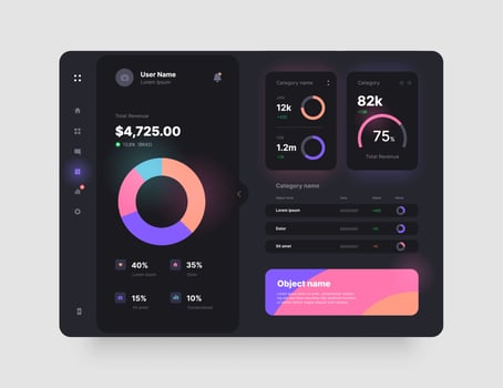 Dashboard design in dark colors. App interface with UI and UX elements. Use design for web application, desktop or mobile app. vector