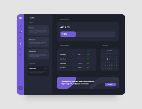 Dashboard Design. App interface with UI and UX elements. Use design for web application, desktop app or website. Dark mode. vector