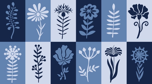Scandinavian flowers set. Nordic blooming flowers and leaves collection in minimalist folk style. illustartion vector