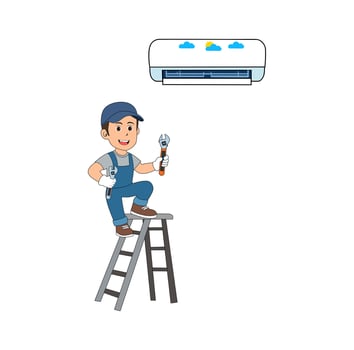 Cartoon Man Technician Fix Air Condition Up Stair Simple Design Icon Digital vector