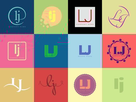 LJ logo company template. Letter l and j logotype. Set different classic serif lettering and modern bold text with design elements. Initial font typography. vector
