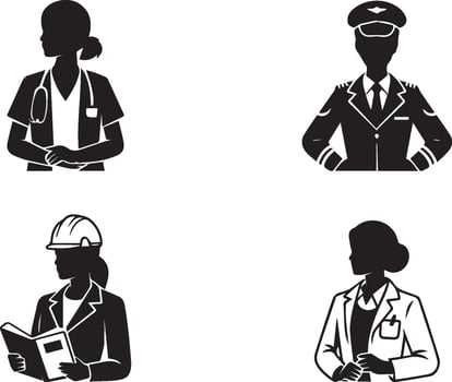 Profession Silhouettes Doctor, Pilot, Engineer, Scientist vector